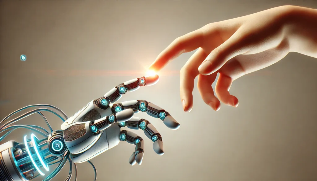 DALL·E 2024-10-24 20.01.01 - A futuristic image of a robotic hand and a human hand reaching towards each other. The robotic hand is sleek with metallic joints and glowing elements